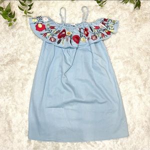 Embroidered Dress off the Shoulder Denim/Chambray From Pink+Stitch Size Small